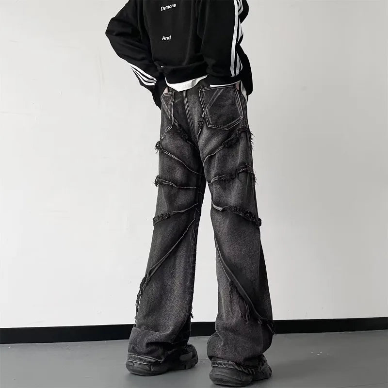 Voguable Y2K Punk Black American Street Rock Retro High Waist Oversized Jeans Men Raw Edge Washed Darkwear Wide Leg Trousers Men voguable
