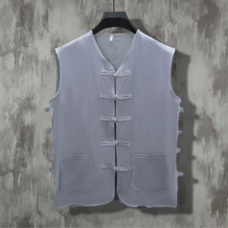 Voguable  Summer Men's New Chinese Style Patchwork V-Neck Fashion Solid Color Button Pocket Casual All-match Sleeveless Vest Tops voguable