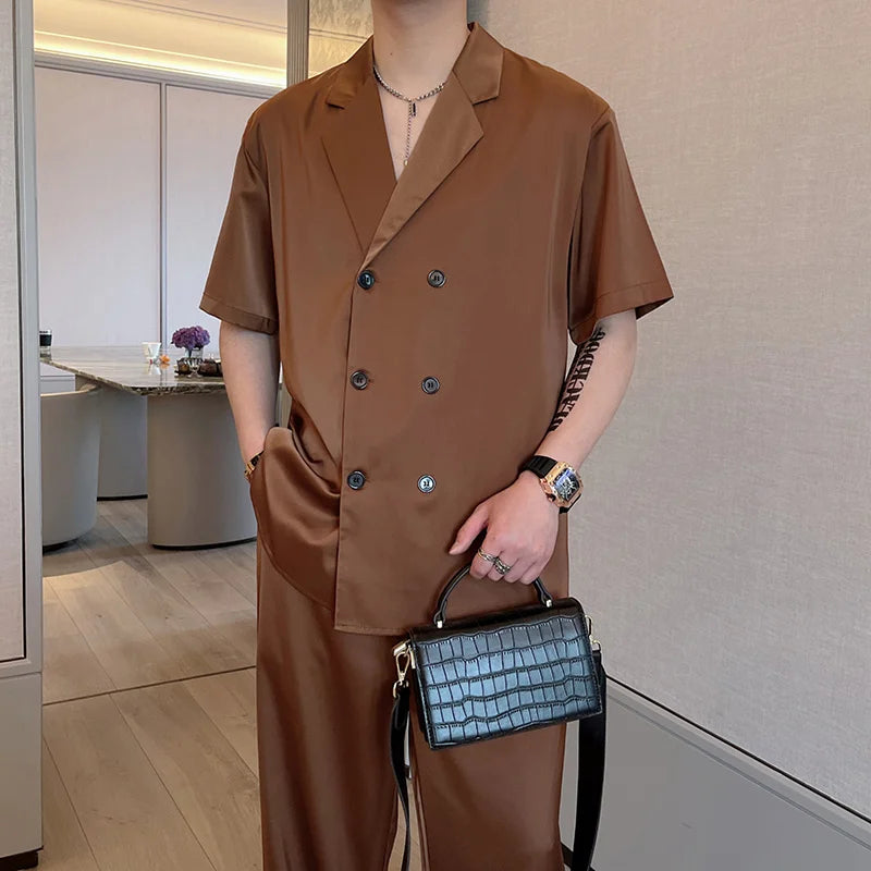 Voguable Summer Sets Men Fashion Double Breasted Short Sleeve Shirt/Trousers Two Piece Set Men Korean Loose Ice Silk Sets Mens Formal Set voguable