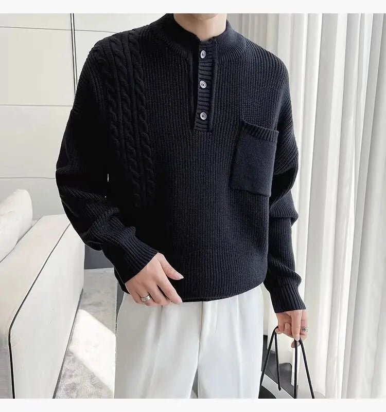 Korean Popular Men's Henry Collar Sweater Light Luxury Knit Long Sleeve Button Pullover Trending Jacquarded Solid Color Knitwear voguable