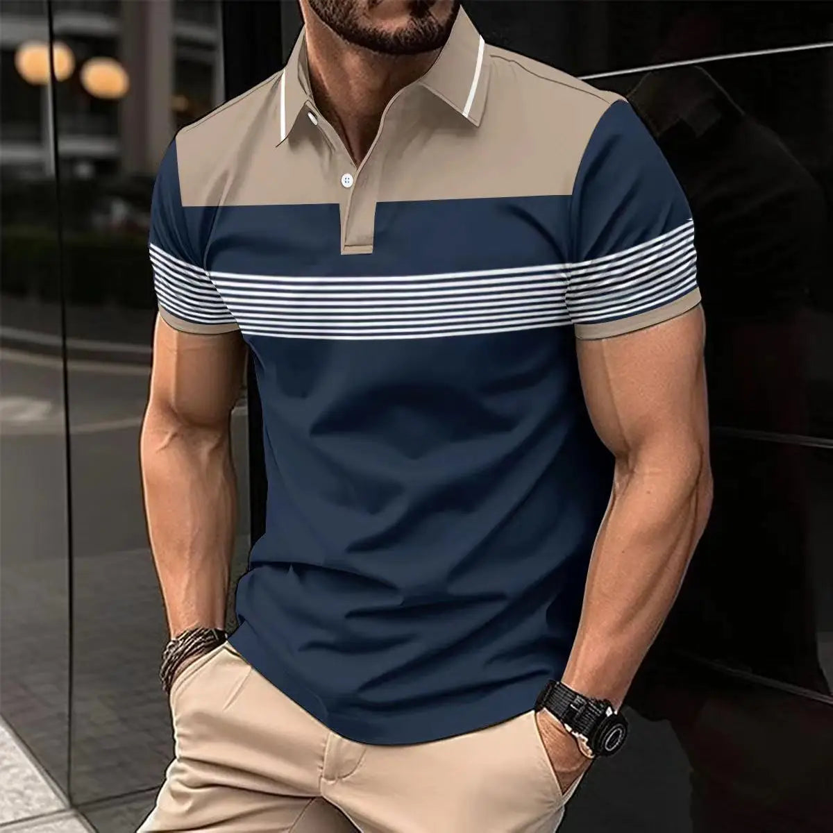 Voguable  Business Casual Men Polo Shirts Summer New Lapel Striped Button Contrast Color Streetwear Fashion Office Social Short Sleeve Top voguable