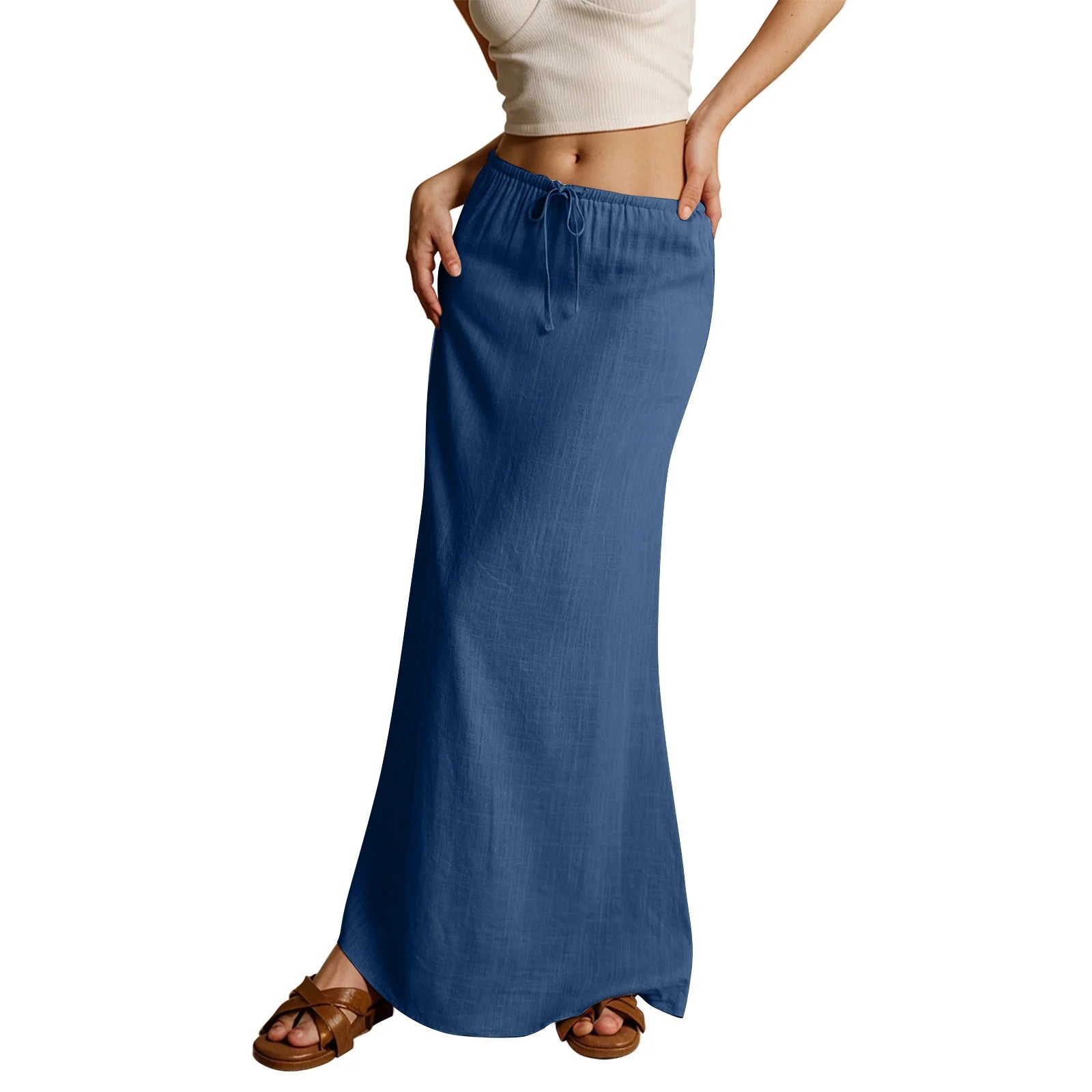 Voguable  Solid Color Straight Drawstring Elastic Waist Casual Ladies Skirt Summer Simple New Versatile Loose Long Skirt for Women voguable