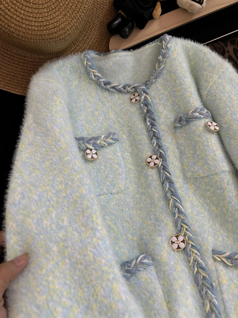 Faux Mink Cashmere Cardigan Coat Women Loose Sweet Long Sleeve Korean Knitted Jacket Sweater Fall Winter O Neck Cute Fashion Top voguable