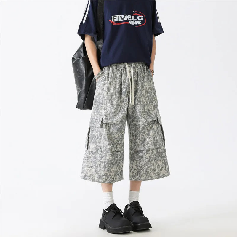 Summer Casual Pants Men Fashion Retro Black Cargo Pants Men Streetwear Hip-hop Loose Tie Dye Pants Man Cropped Trousers voguable