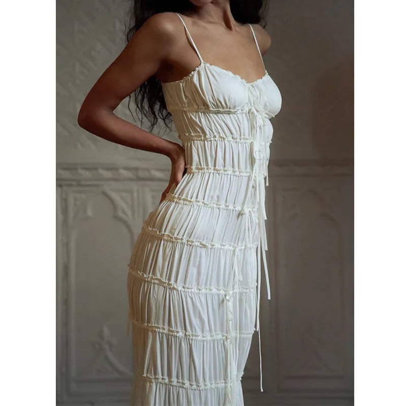 New Summer Chiffon Beige Solid Color Lace-ups Slim Slip Dress Ruffle Chic Party Beach Fashion Long Dress For Women voguable