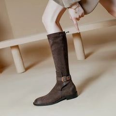 New Vintage Women Knee-High Boots Cow Suede Leather Thick Heels Office Ladies Working Shoes Woman Autumn Winter Retro Style voguable
