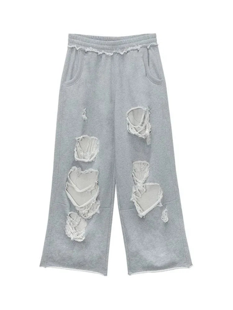 Vintage Gray Distressed Joggers Women Baggy Hip Hop Style Grunge Wide Leg Sweatpants Oversized Street Fashion Trousers voguable