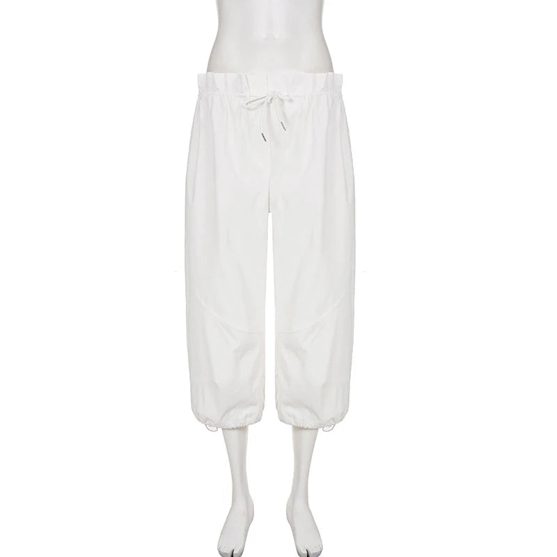 Voguable  Fashion Women Pure Color Drawstring Pleated Edge High Waist Loose Fit 3/4 Length Cargo Trousers Going Out Casual Summer Pants voguable