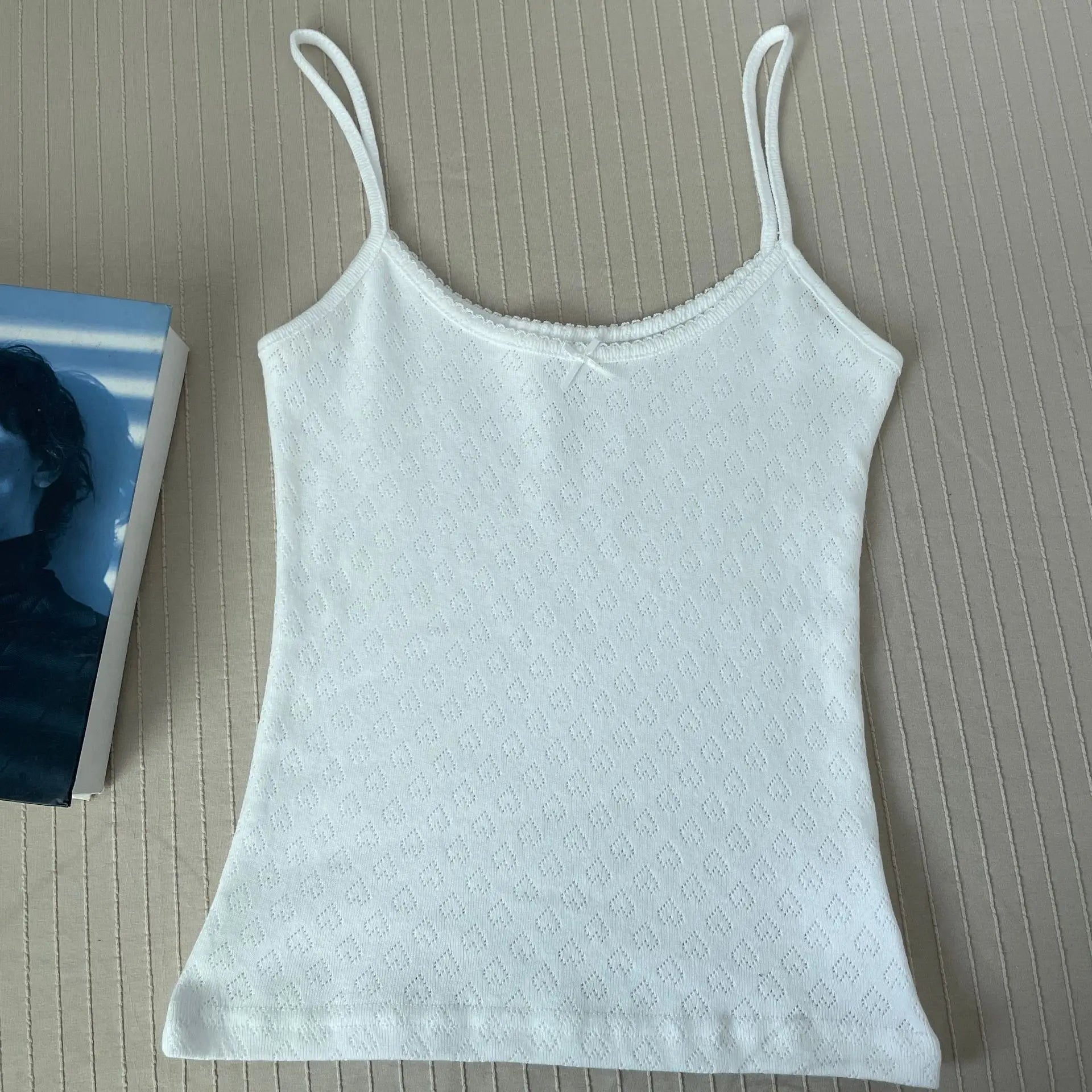 Floral Eyelet Bow Cotton Crop Tops Summer Lace Trim Sleeveless Slim Tank Top Women Preppy Style Sweet Camisole Y2k Clothes voguable
