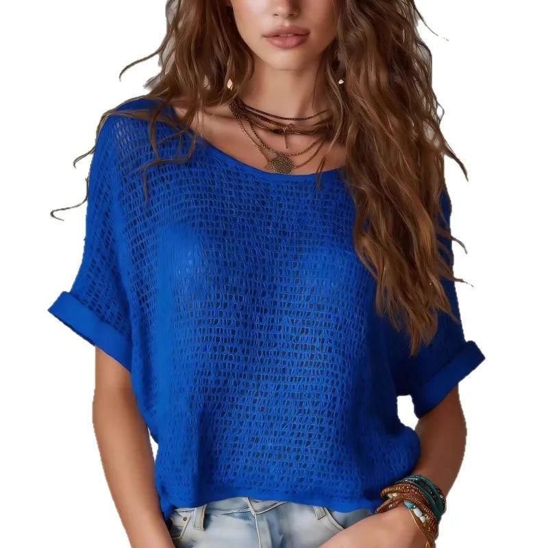 Voguable  Hollow Out Round Neck Casual Loose Fit See-Through  Knitted T-shirt Summer New Solid Color Short Sleeved Pullover Top for Women voguable