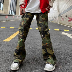 Y2K Fashion Ink Graffiti Baggy Tracksuit Cargo Flare Pants Men Joggers Camouflage Women Casual Long Trousers Ropa Hombre voguable