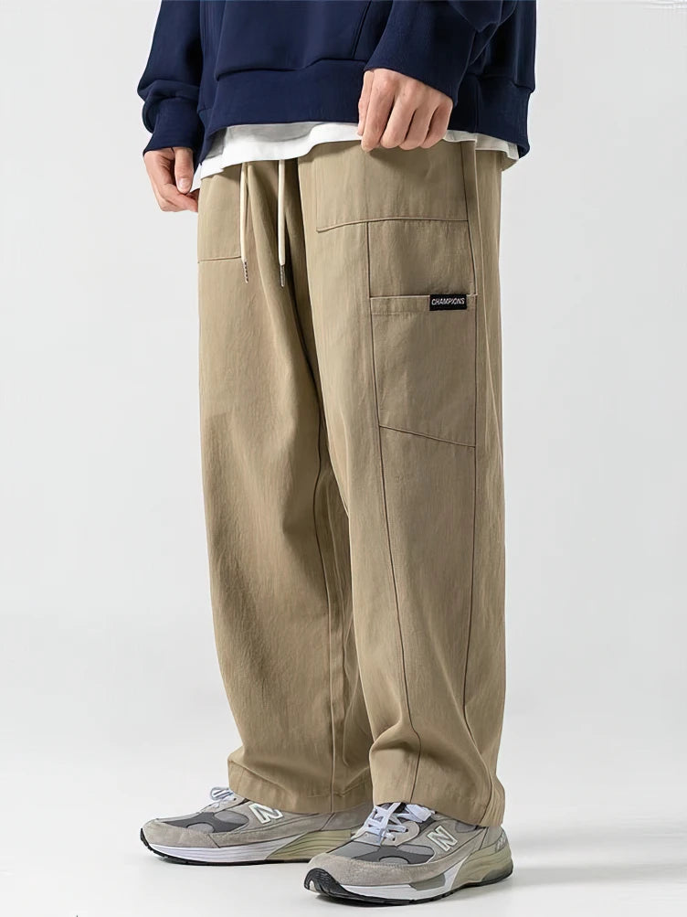 Voguable  100% Cotton Casual Straight Cargo Pants Men Loose Wide Leg Long Trousers Korean Popular Clothes New voguable