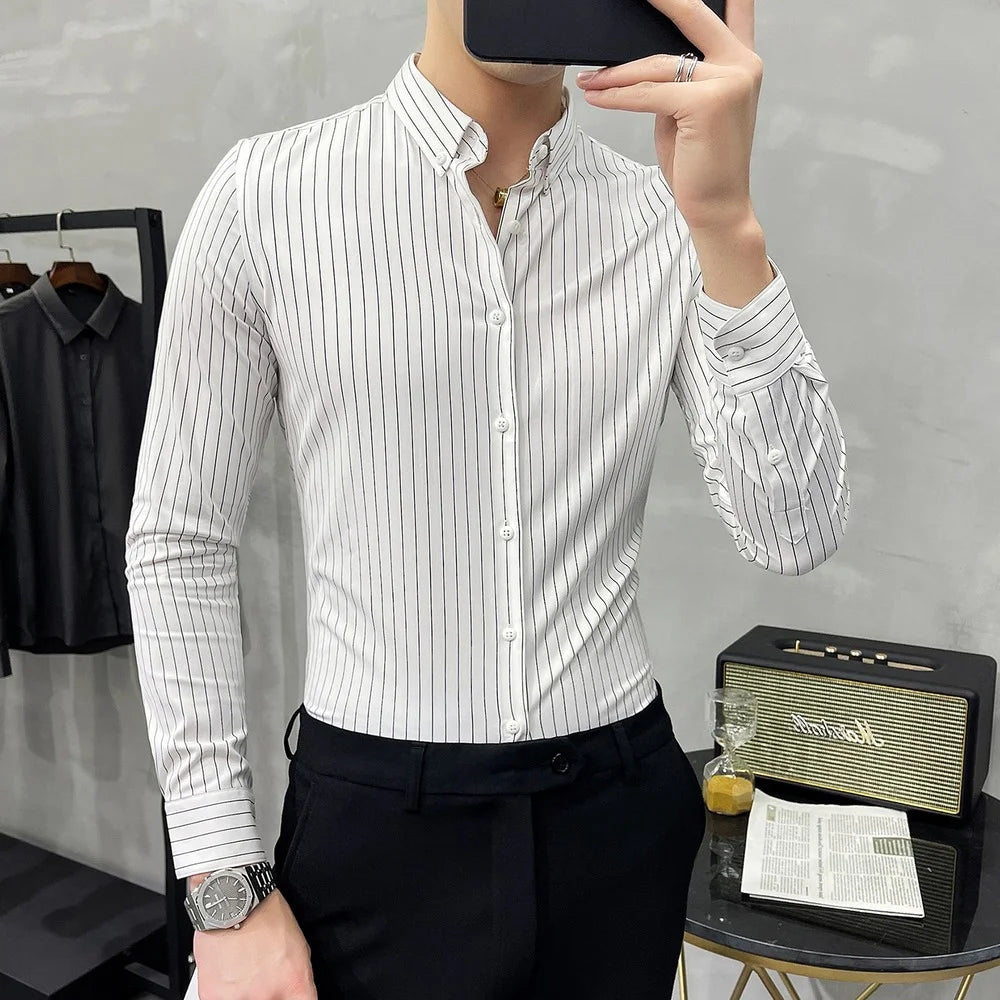 Striped Shirt Mens 2022 Spring New British Style Business Casual Long Sleeve Iron-Free Anti-Wrinkle Dress Shirt Mens Clothing voguable