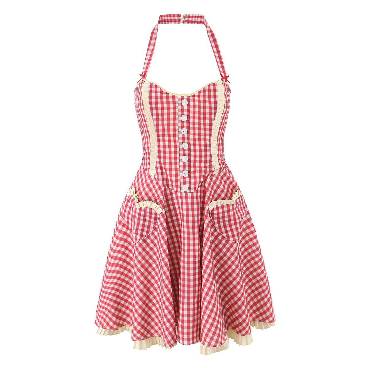 Cute Girl Red Plaid Halter Mini Dresses Women Front Button Pockets Sexy Backless  A-line Short Summer Dress Cotton Robe voguable