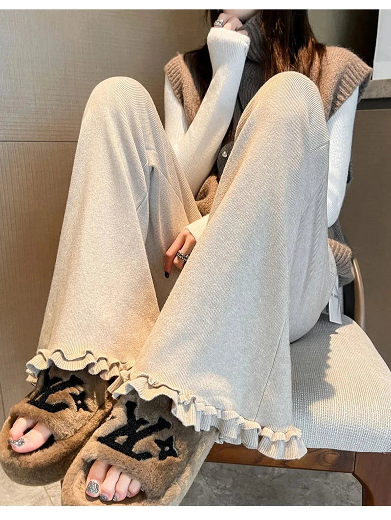 Ruffles Knitted Flare Pant Women High Waist Fashion Loose Fall Winter Trousers Korean Chic Elegant Lady Sweet Solid Pants voguable