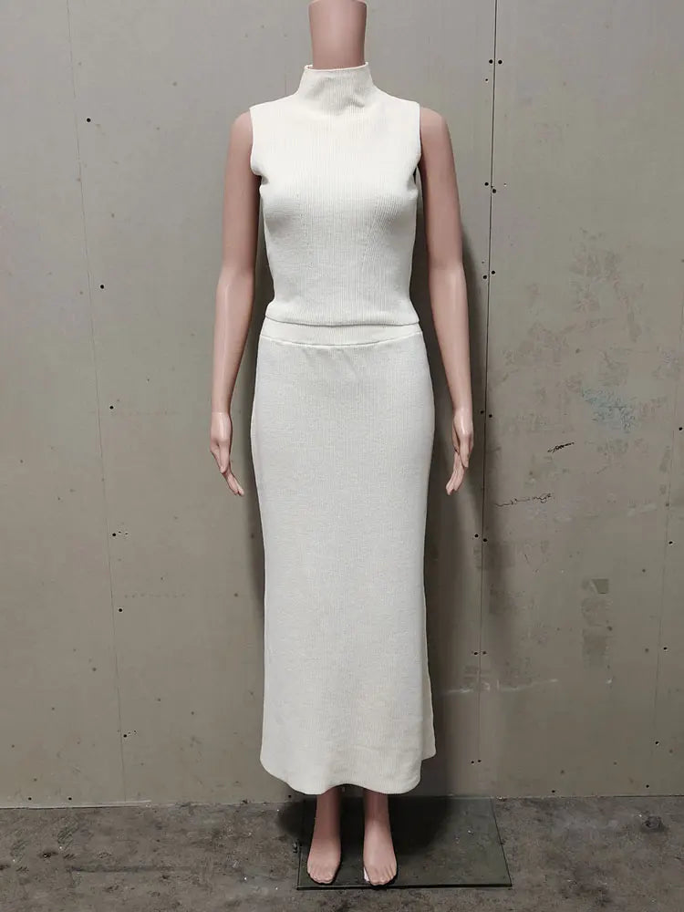 Elegant Knitwear 2 Piece-Set Long Dress Female Ribbed Sweater Pullover And Loose Patchwork Maxi Skirt Sets Ladies Outfits voguable