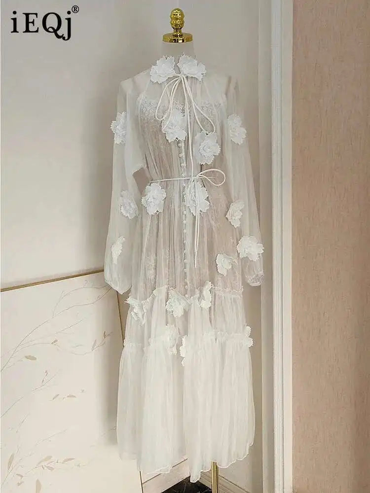 Solid Flower Embroidery Lace Up Dresses For Women Round Neck High Waist Long Sleeve Elegant Dress Summer 2025 voguable