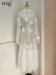 Solid Flower Embroidery Lace Up Dresses For Women Round Neck High Waist Long Sleeve Elegant Dress Summer 2025 voguable