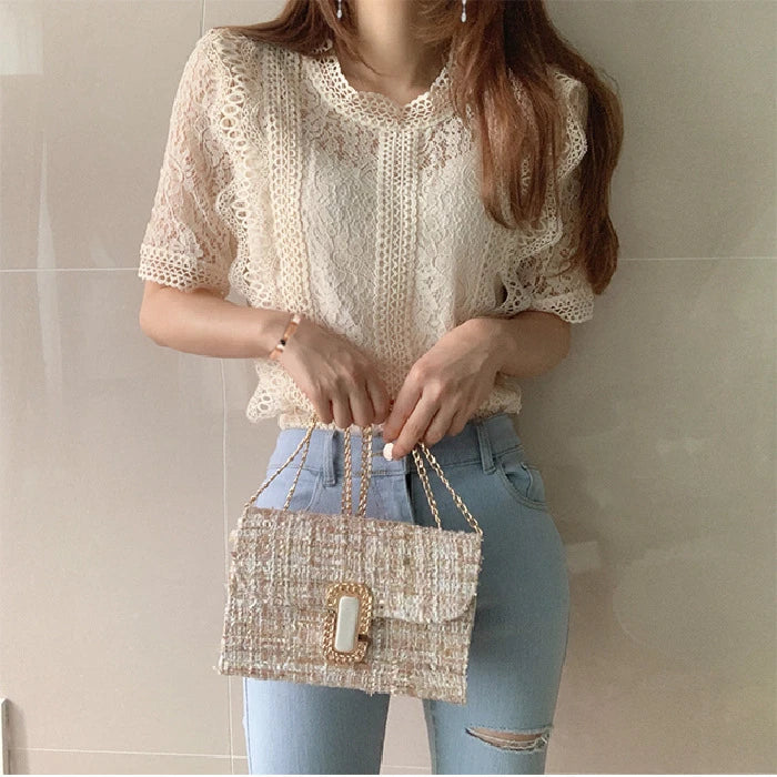 Voguable  Elegant Hollow Out Lace Shirt Woman Summer Sheer O-Neck Short Sleeve T-shirt Women Loose Crochet Flower Sun Shirts Ladies Tops voguable