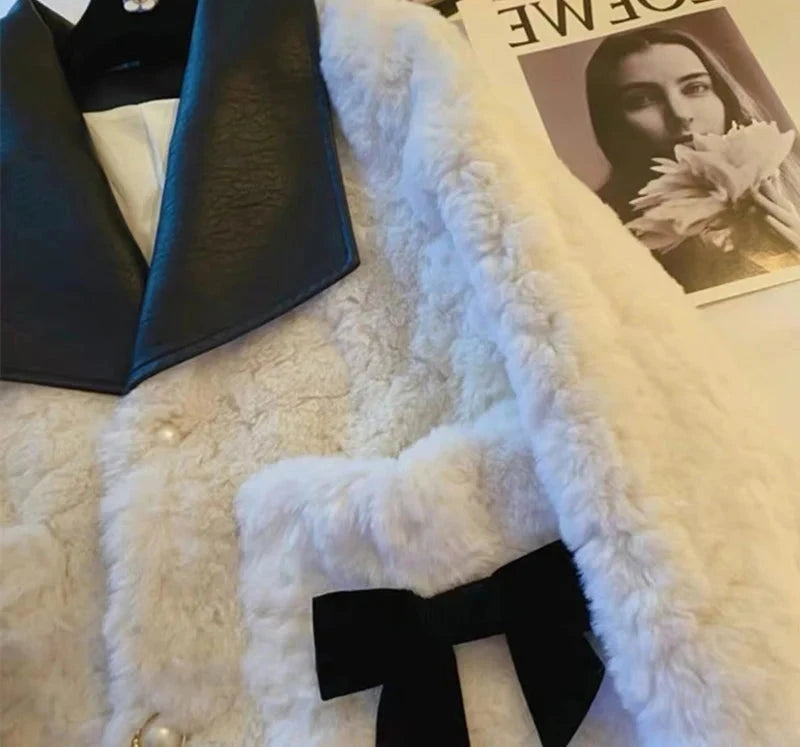 Women Sweet Bow Faux Lamb Coat Fashion Korean Long Sleeve Winter Warm Jacket Chic Slim Patchwork Elegant Pockets Outwear voguable