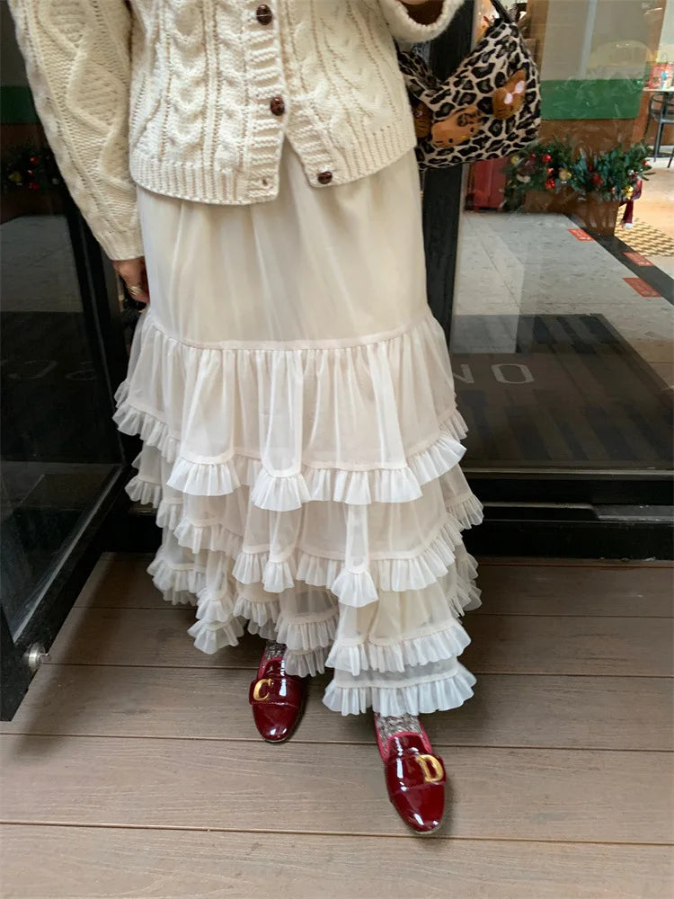 Sweet Chic Ruffle Mesh Tutu Cake Skirt Elastic Waist Beige Streetwear Long Skirt 2025 New Spring Summer A-line Fashion Skirts voguable