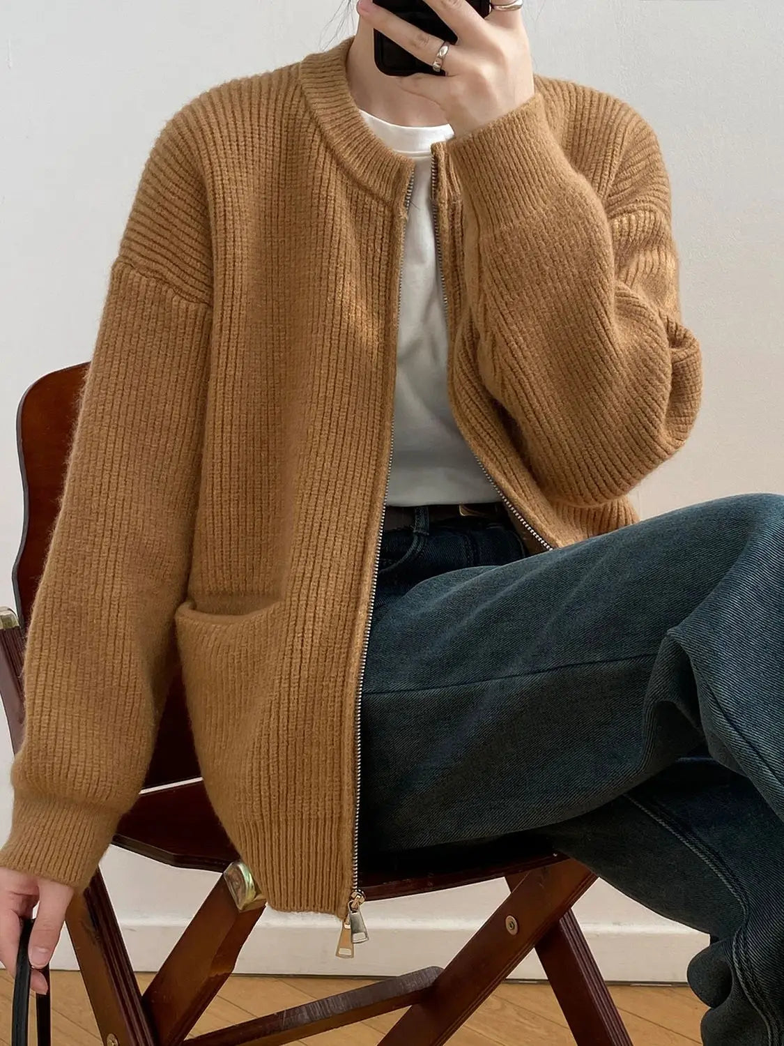 Sweater Cardigan Women Autumn Double Zipper Casual Korean Knitwear Coat Solid Color Loose Soft Long Sleeve Jackets Outerwear voguable