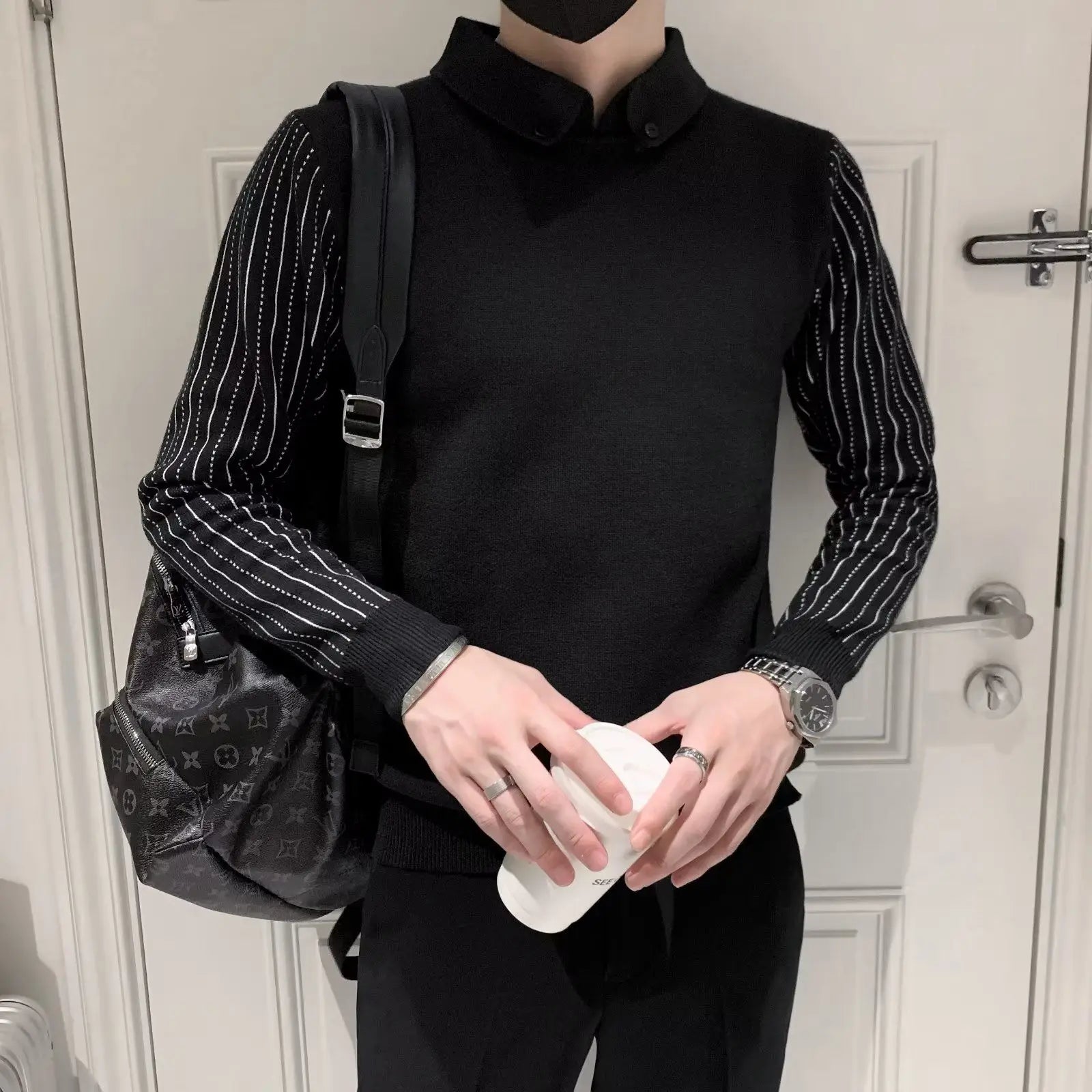 Autumn Winter Fake Two Pieces Fashion Harajuku Sweaters Men Loose Casual Knitting Tops All Match Pullover Chic Business Jumpers voguable