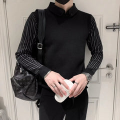 Autumn Winter Fake Two Pieces Fashion Harajuku Sweaters Men Loose Casual Knitting Tops All Match Pullover Chic Business Jumpers voguable
