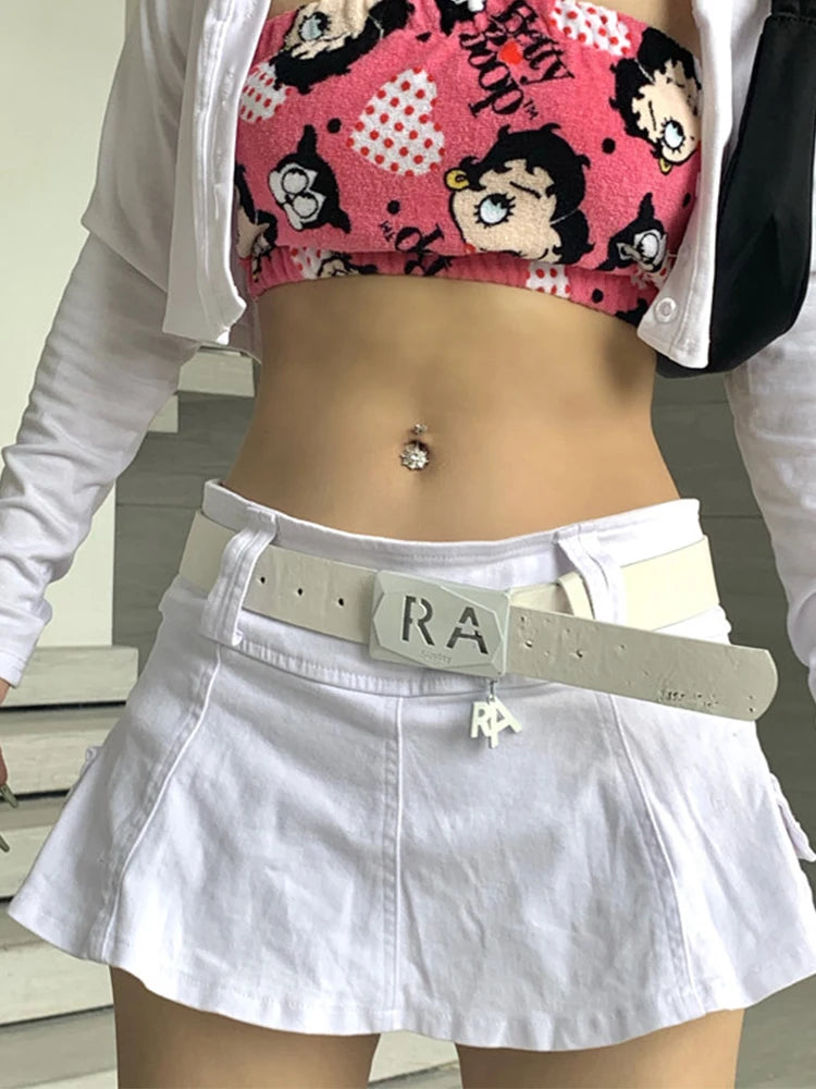 Harajuku Y2k Denim Skirt Women Dark Gothic Streetwear Mini Skirt with Skull Belt Mall Goth Punk Grunge Sexy Emo Clubwear voguable