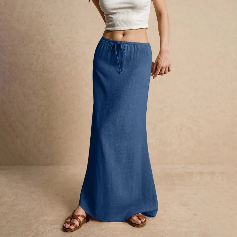 Voguable  Solid Color Straight Drawstring Elastic Waist Casual Ladies Skirt Summer Simple New Versatile Loose Long Skirt for Women voguable