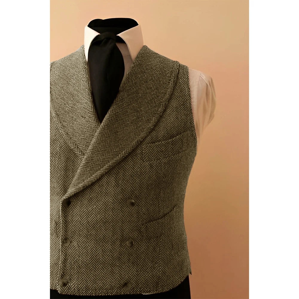 Shawl Lapel Men's Leather Vest Male Dress Casual Herringbone Tweed Double Breasted Sleeveless Jacket Vests for Men Dress Up voguable