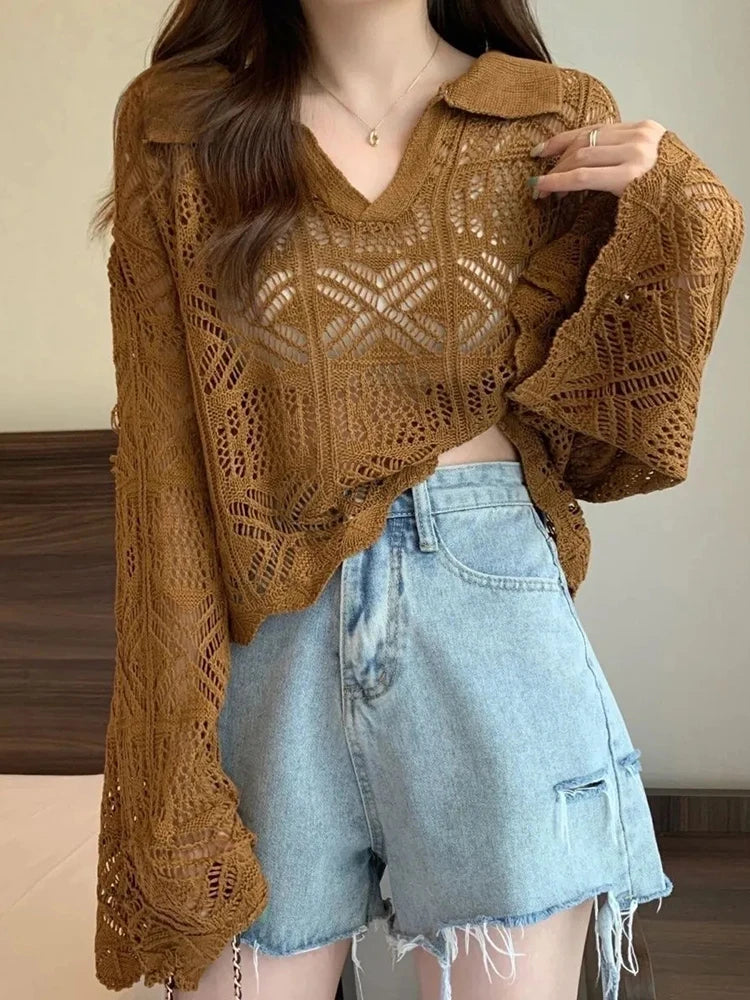 Voguable Sexy Hollow Out Women Knitted Crop Tops Fashion Korean Flare Sleeve Pullover Sweater Fall Casual Female Tops New voguable