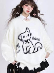 Kawaii Hole Sweet Sweaters Women Vintage Faux Mink Cashmere Cartoon Knitted Jumper Preppy Style Cute Japan Lazy Wind Tops voguable