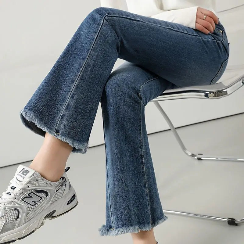 Flare Jeans Women Spring Autumn High Waist Comfortable All-match High Street Young Style Tassel Slim Elastic Trousers  New voguable