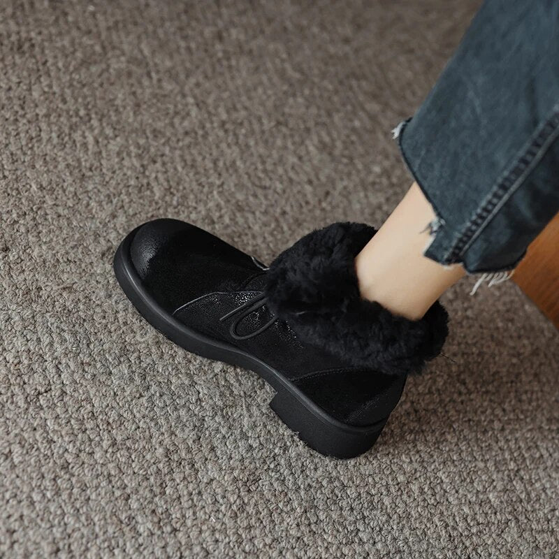 Winter New Women Ankle Boots Thick High Heels Warm Wool Snow Boots Genuine Leather Cross-Tied Popular Shoes Woman Casual voguable