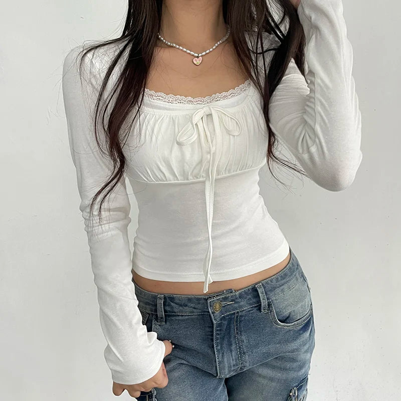 Voguable Gentle Elegant Lace Patchwork Knitted Cropped Top White Coquette Slim Long Sleeve T-shirts Fall Cute Casual Knitwear voguable