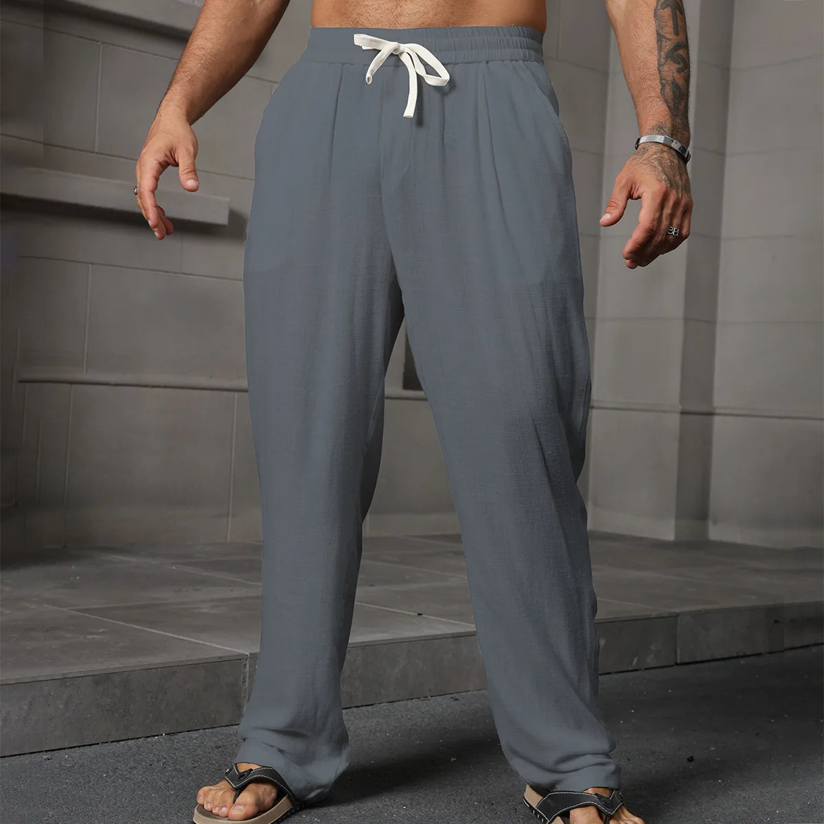 Voguable  Men's Cotton Linen Pants Summer Solid Color Breathable Linen Trousers Men Casual Elastic Waist Casual Pants Harajuku Trous Man voguable