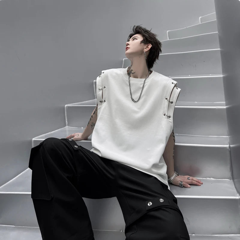 Voguable Stylish High Street Original Sleeveless T-shirts Men's 2024 Summer New Trendy Metal Buckle Decorate Male Vets Tops voguable