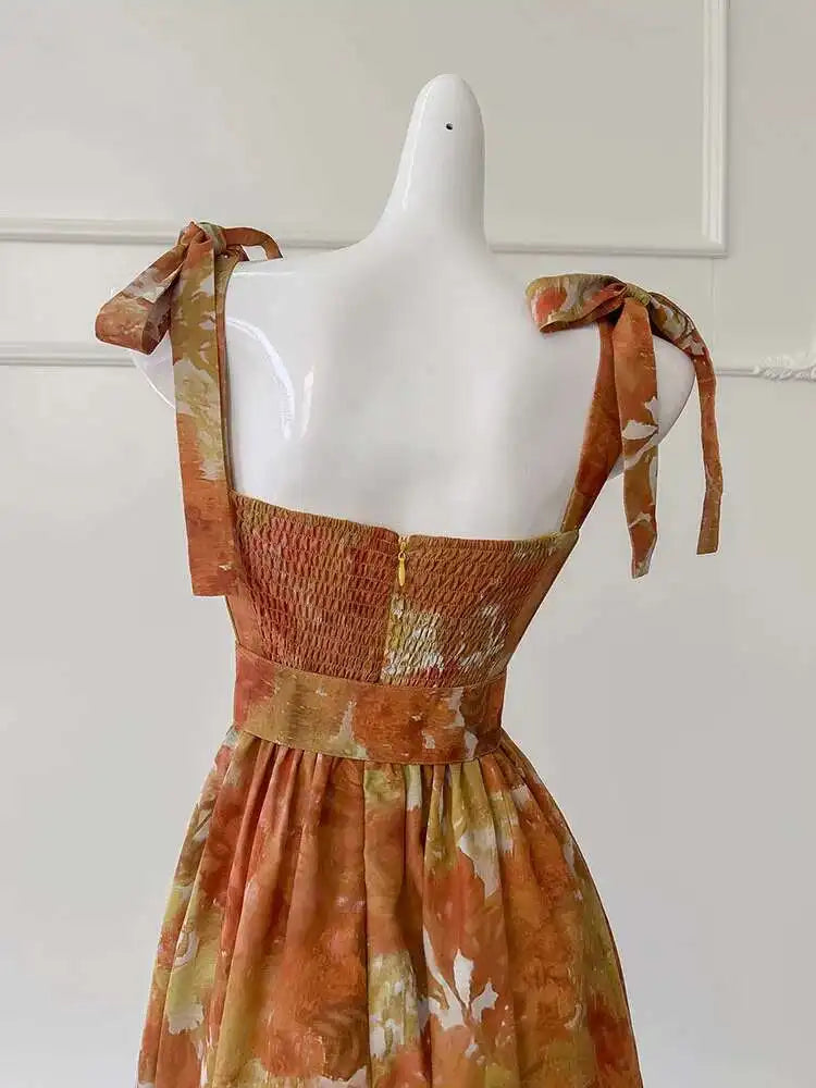 2025 New Print Women's Spaghetti Strap Dress Bow Sashes Zipper Color Contrast Sleeveless Backless Dresses Female voguable