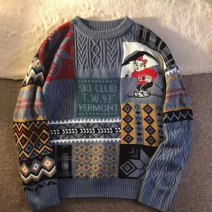 New Year warm pullovers round neck sweater women street stitching Christmas tree jacquard sweater ins couple loose in winter voguable