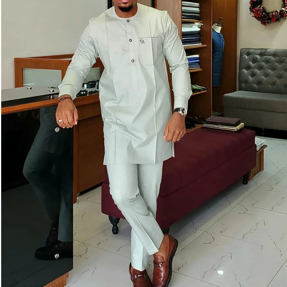 Voguabl 2024 Summer Short Sleeve Tops Pockets Pants Single Breasted Tuxedo 2PCS Men's SetsAfrican Ethnic Casual Kaunda Suit Wedding Wear voguable