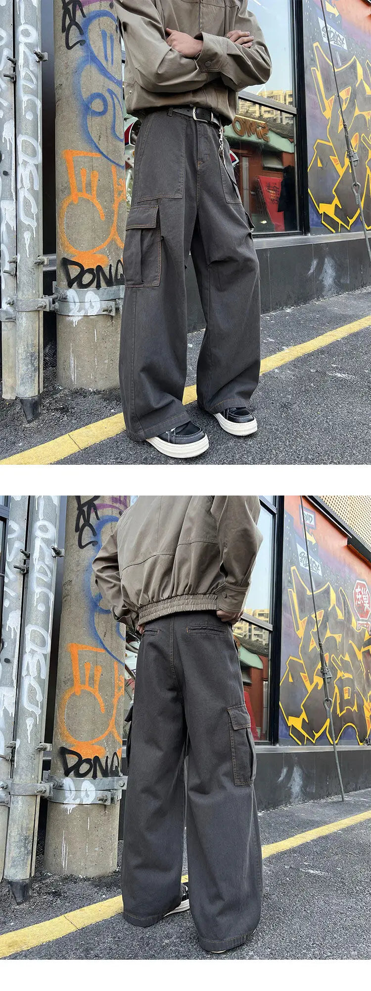 Mens Casual Workwear Cargo Pants Loose Fit Straight Wide Leg Multi Pocket Utility Tactical Outdoor Hiking Durable Heavy Duty voguable