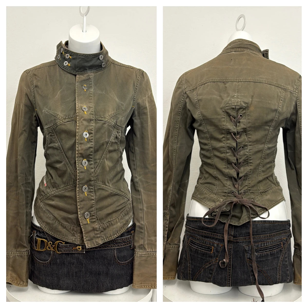 Voguable  Retro Y2K Tight Fitting Women's Back Strap Slim Fit Khaki Stand Up Collar Workwear Dark Washed Jacket voguable