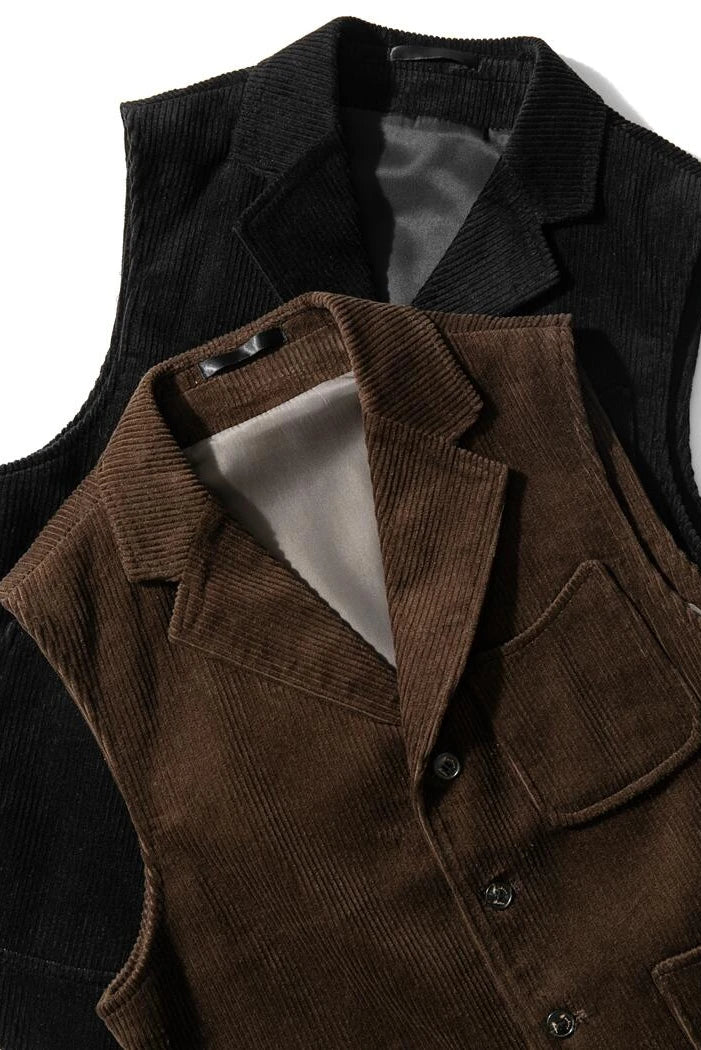 Men's Vest Coffee Black Corduroy Tweed Tailored Collar Retro Tooling Waistcoat Single Breasted 3 Pockets Vintage Wedding Vest voguable