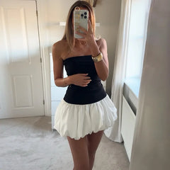 Contrast Color Mini Folds Dress For Women Strapless Sexy Slim Sleeveless Ruched Splice Y2K Beach Female Club Party Dress voguable