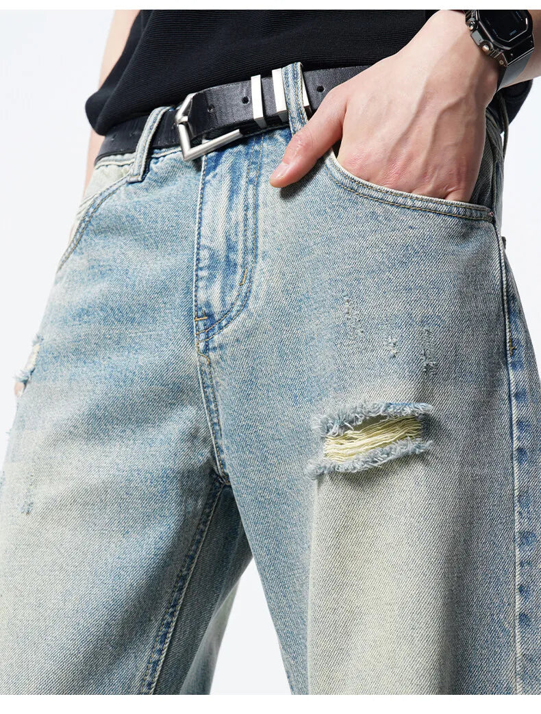 Men Straight Leg Vintage Blue Washed Denim Jeans Casual Ripped Distressed Trousers Classic Retro Style Comfortable Streetwear voguable