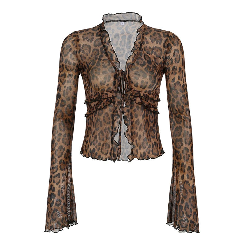 Leopard Shirt y2k Clothing Women Front Tie-up Ruffled Trim Flared Long Sleeve Mesh Blouse Top Grunge Clothes Streetwear voguable