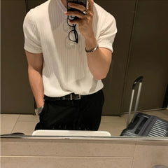 Summer Knitted T-shirt Men Elastic Slim Fit Fashion Casual Short Sleeve T Shirt Men Korean Round Neck Knit Tshirt Mens Tops voguable