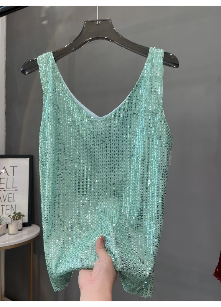 Voguable  New European and American Sequined V-neck Vest Worn Inside A Suit Bottoming Shirt and Worn Outside A Sparkling Top voguable