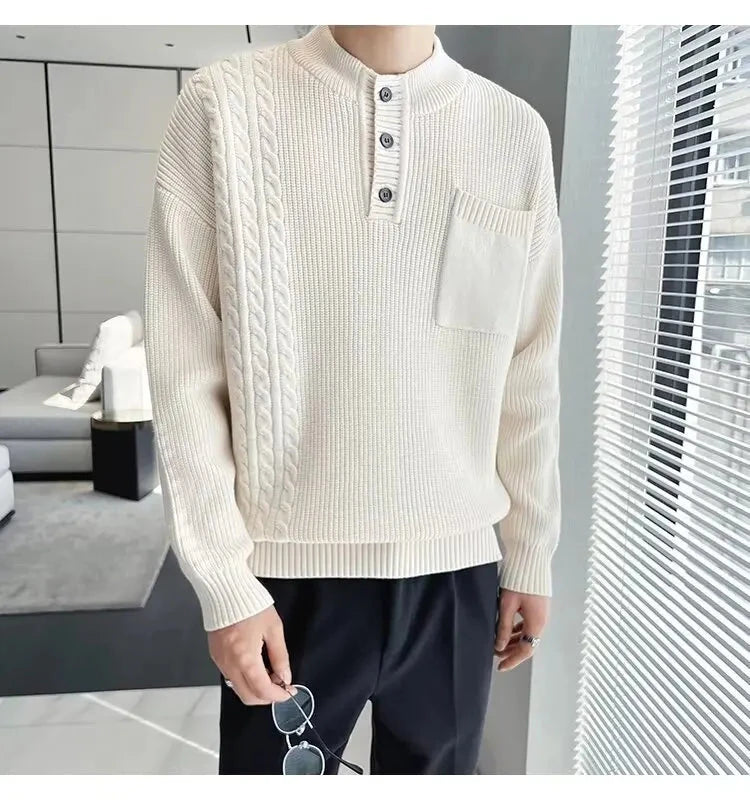 Korean Popular Men's Henry Collar Sweater Light Luxury Knit Long Sleeve Button Pullover Trending Jacquarded Solid Color Knitwear voguable